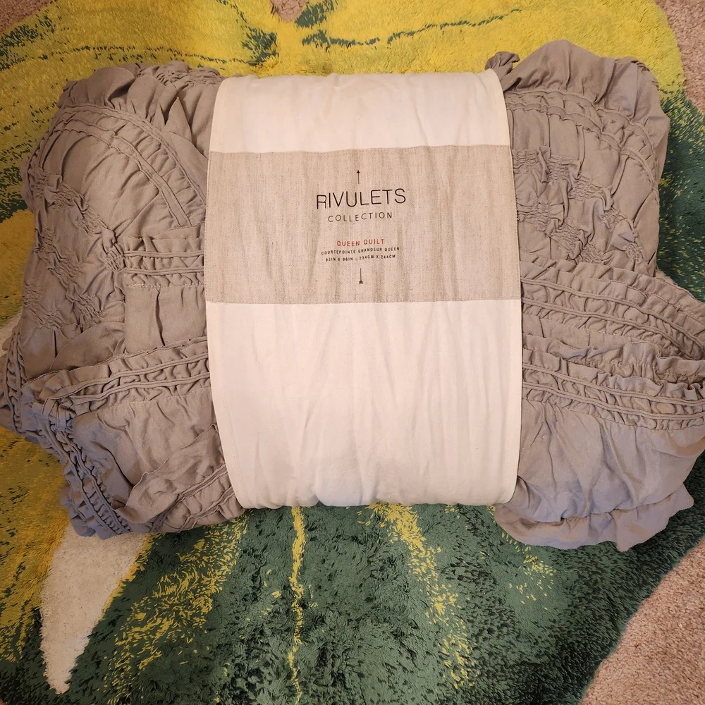 Anthropologie Rivulets Queen Quilt NWT Gray Bedding Ruffle Textured